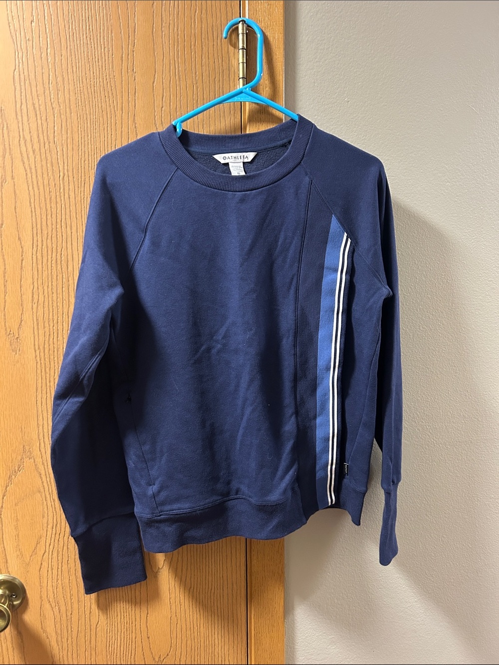 Athleta Navy Crewneck Sweater with Side Contrast Stripes